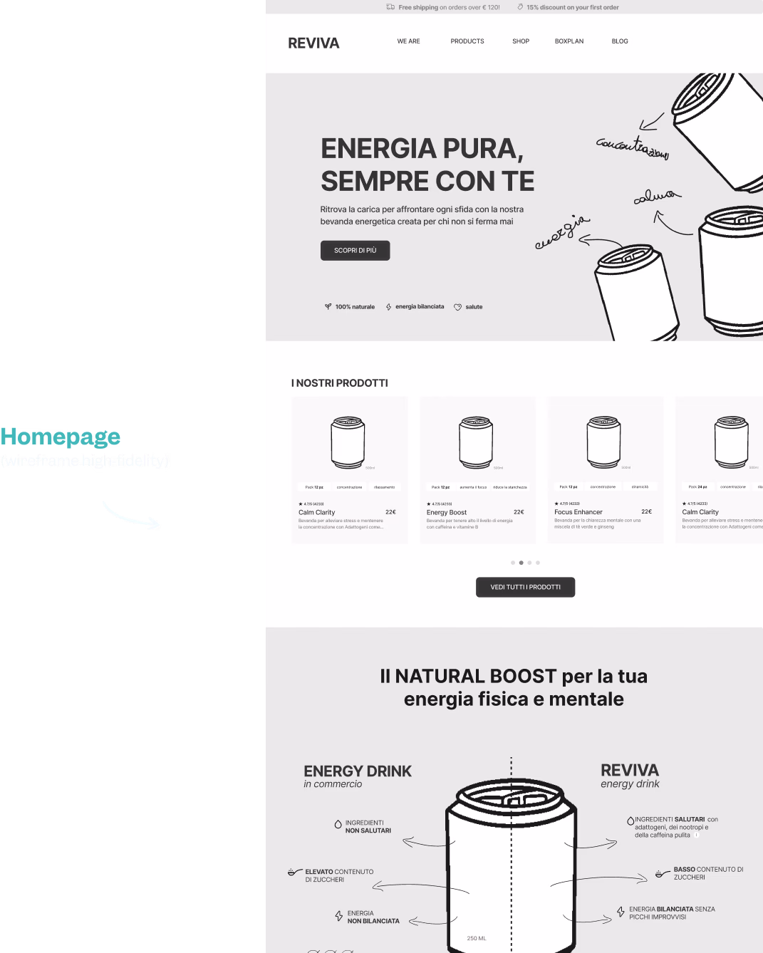 Wireframe home del progetto REVIVA